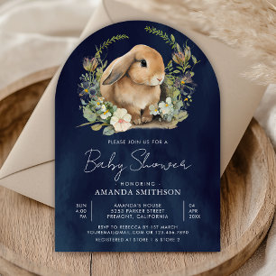 Bunny Sage Green Floral Navy Blue Arch Baby Shower Invitation