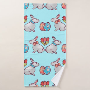 Bunny seamless pattern with easter eggs and a bouq bath towel