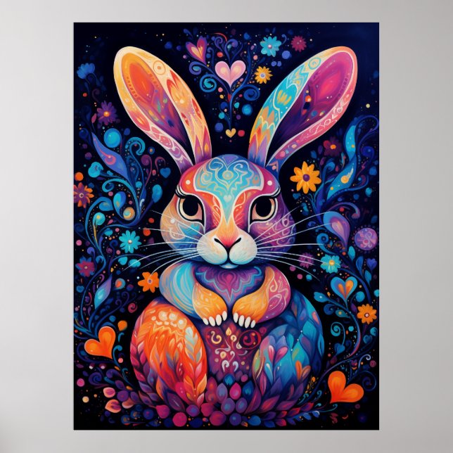 Bunny sitting down flowers hearts poster (Front)