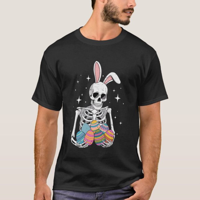 Bunny Skeleton Holding Easter Eggs Funny Easter Da T-Shirt (Front)