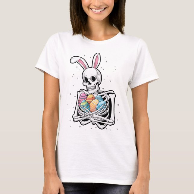 Bunny Skeleton Holding Easter Eggs Funny Easter Da T-Shirt (Front)