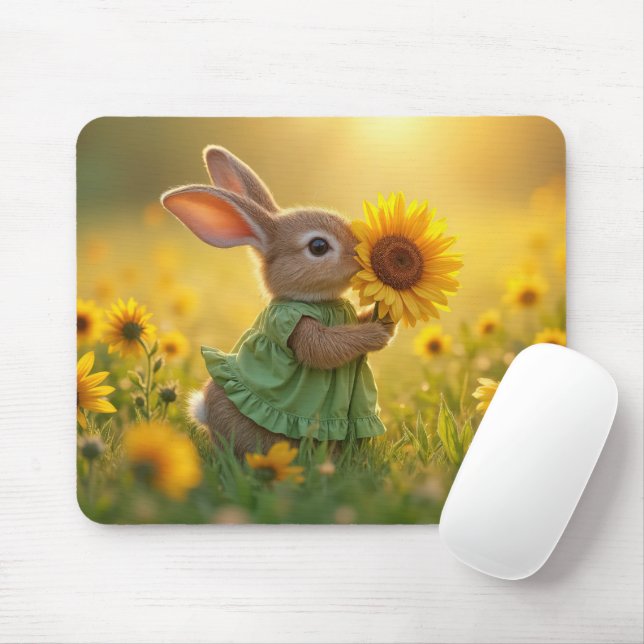 Bunny Sniffing a Yellow Sunflower Mouse Pad (With Mouse)
