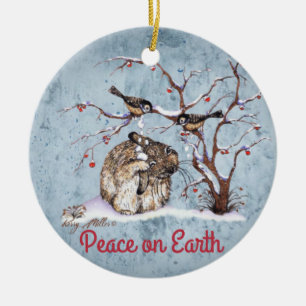 Bunny & Snow Birds Ceramic Ornament