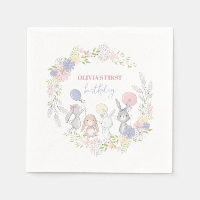 Bunny spring floral birthday party napkins (Front)