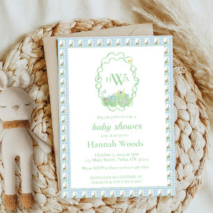 Bunny Spring Gingham Monogram Baby Shower Invitation