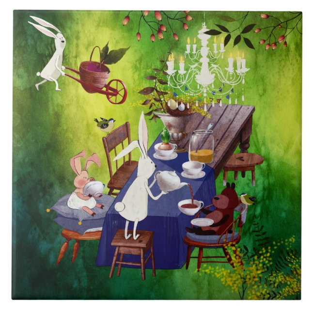 Bunny Spring Party in Forest-Animal Illustration Ceramic Tile (Front)