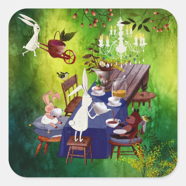 Bunny Spring Party in Forest-Animal Illustration Square Sticker (Front)