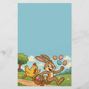 Bunny Steals Eggs from Chicken Easter Design Funny Stationery