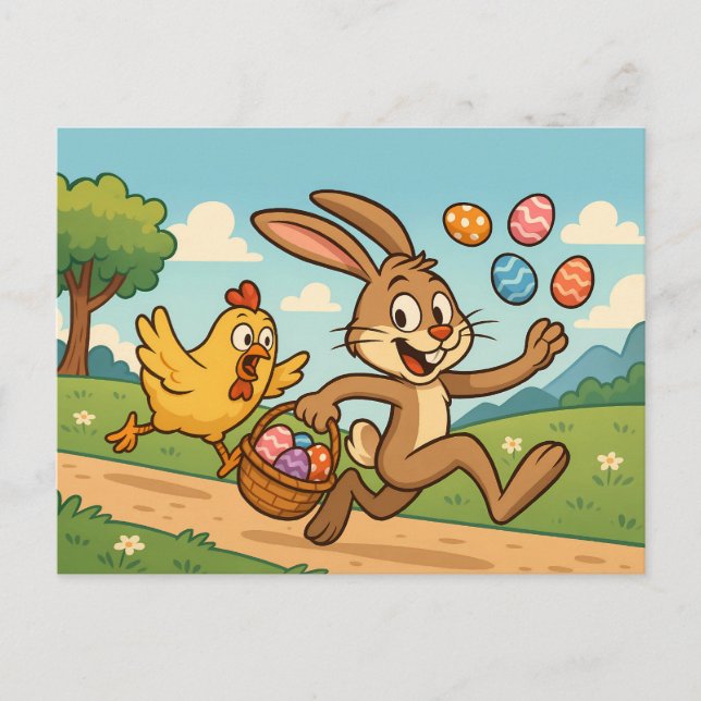 Bunny Steals Eggs from Chicken Funny Easter Design Holiday Postcard (Front)