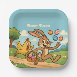 Bunny Steals Eggs from Chicken Humorous Easter Art Paper Plate