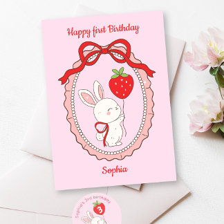 Bunny Strawberry Balloon Happy Birthday Card