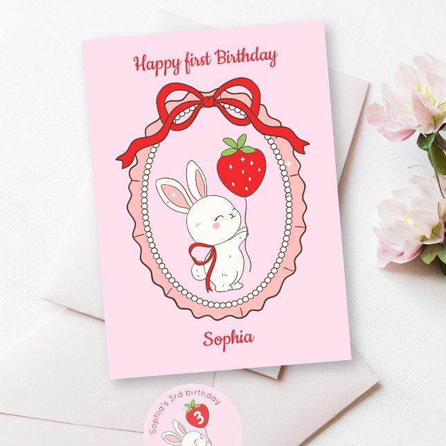 Bunny Strawberry Balloon Happy Birthday Card (Creator Uploaded)