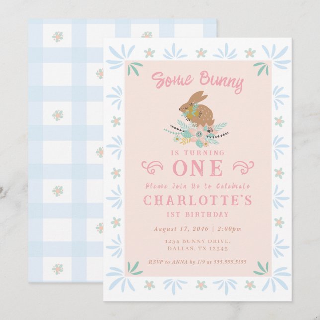 Bunny Sweet Pink Blue Kid First 1st Birthday Party Invitation (Front/Back)