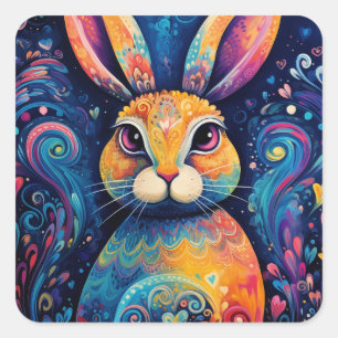 Bunny swirls and hearts Blue Square Sticker