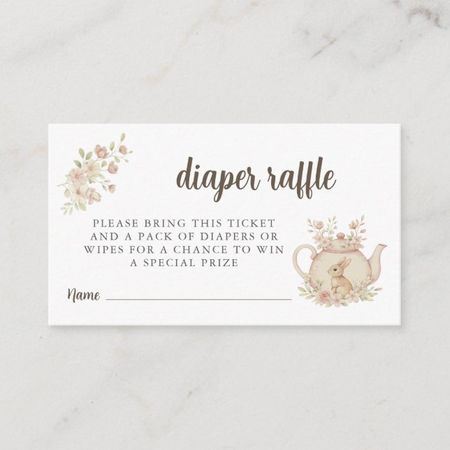 Bunny Teapot Floral Diaper Raffle TickeT Enclosure Card (Front)