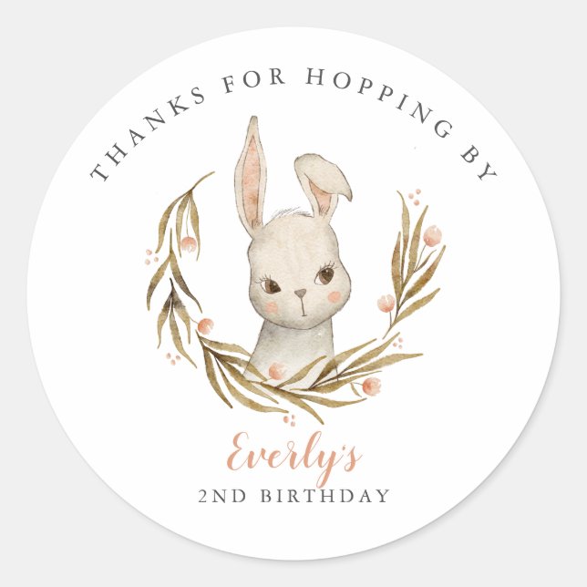 Bunny Thanks For Hopping By Girl Birthday Party Classic Round Sticker (Front)