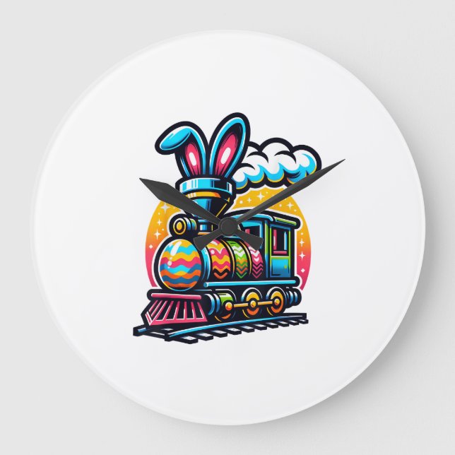 Bunny Train Railroad Easter Egg Kids Toddler Boys  Large Clock (Front)
