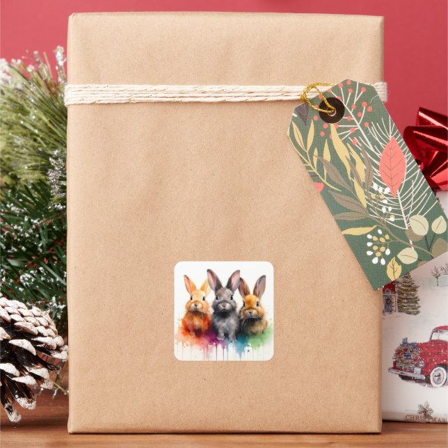 Bunny Trio Watercolor Square Sticker (Holiday)