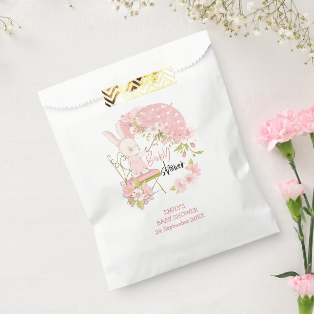 Bunny Umbrella Florals Name Date Girl Baby Shower Favour Bag (Sealed)