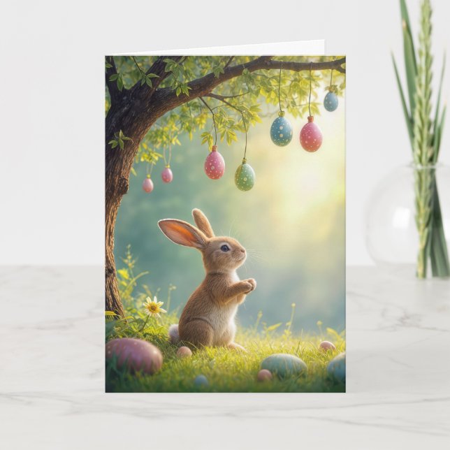 Bunny Under an Easter Egg Tree Holiday Card (Front)