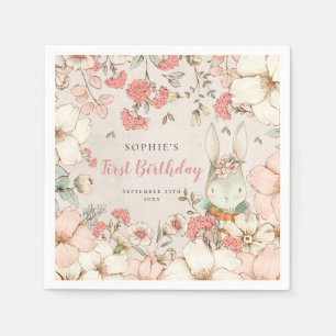 Bunny Vintage Floral Foliage First Birthday Party Napkin