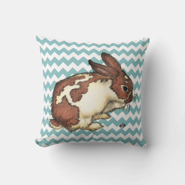Bunny washing his face with blue chevron cushion (Front)