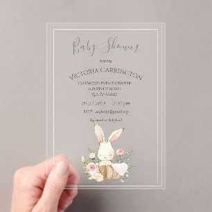 Bunny Watercolor Floral Green Girl Baby Shower  Acrylic Invitations