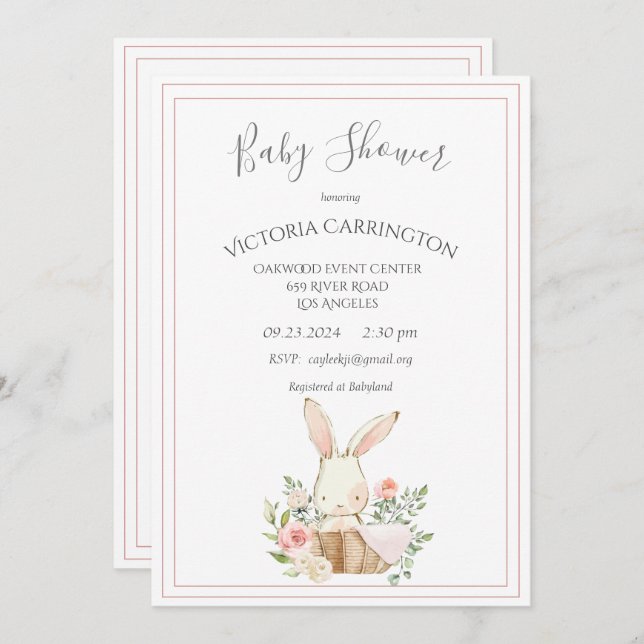 Bunny Watercolor Floral Pink Girl Baby Shower Invitation (Front/Back)