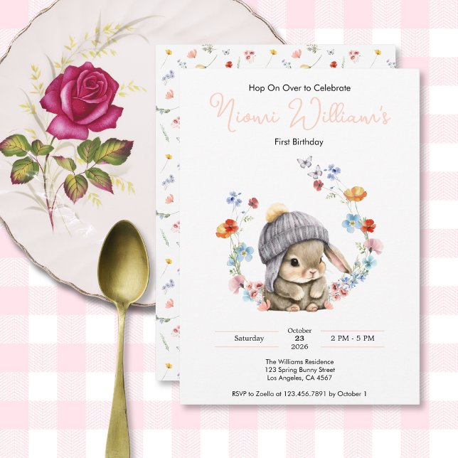 Bunny Wildflower 1st Birthday Invitation (Bunny Wildflower 1st Birthday Invitation 3)