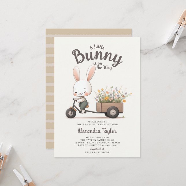 Bunny Wildflower Wagon Brown Sage Baby Boy Shower Invitation (Front/Back In Situ)