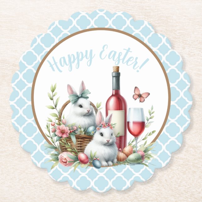Bunny & Wine Watercolor Paper Coaster (Front)