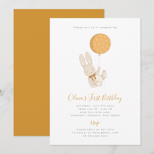 Bunny with a Balloon Birthday Invitation (Front/Back)