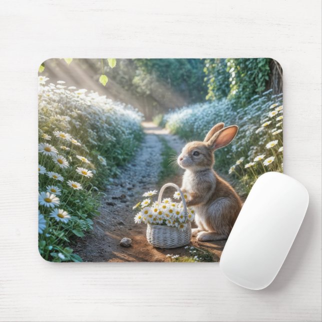 Bunny With a Basket of White Daisies Mouse Pad (With Mouse)