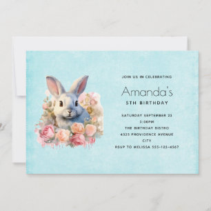 Bunny with a Garland of Roses Cute Birthday Invitation