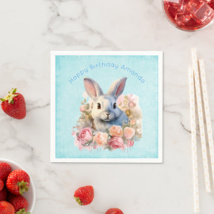 Bunny with a Garland of Roses Cute Birthday Napkin