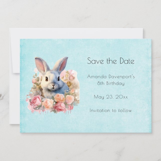 Bunny with a Garland of Roses Cute Birthday Save The Date (Front)