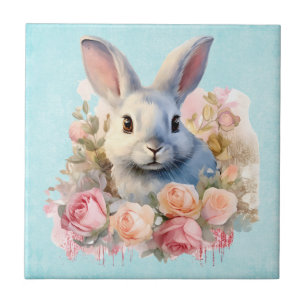 Bunny with a Garland of Roses Cute Ceramic Tile