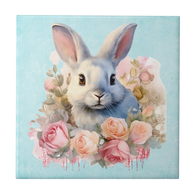 Bunny with a Garland of Roses Cute Ceramic Tile (Front)