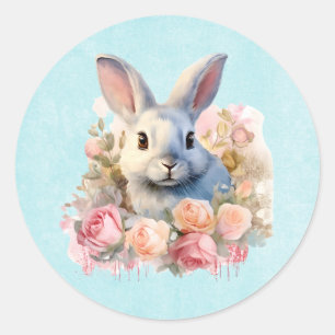 Bunny with a Garland of Roses Cute Classic Round Sticker
