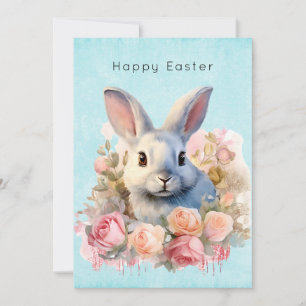 Bunny with a Garland of Roses Cute Easter Holiday Card