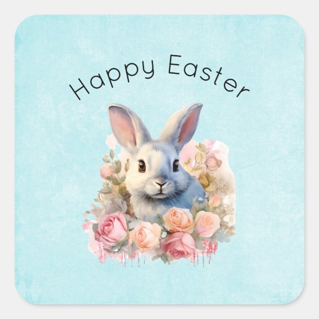 Bunny with a Garland of Roses Cute Easter Square Sticker (Front)