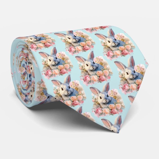 Bunny with a Garland of Roses Cute Pattern Tie (Rolled)