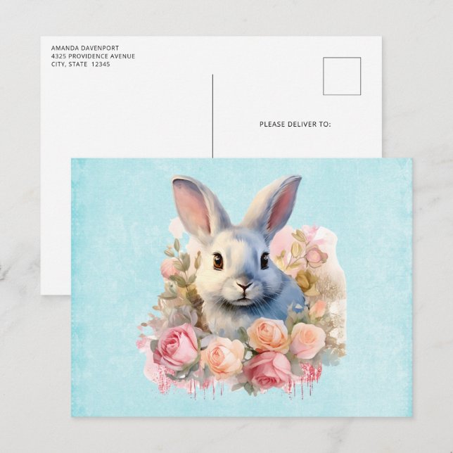 Bunny with a Garland of Roses Cute Postcard (Front/Back)