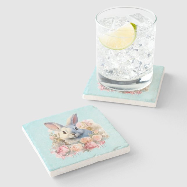 Bunny with a Garland of Roses Cute Stone Coaster (Side)