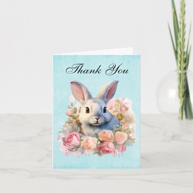 Bunny with a Garland of Roses Cute Thank You Card (Front)