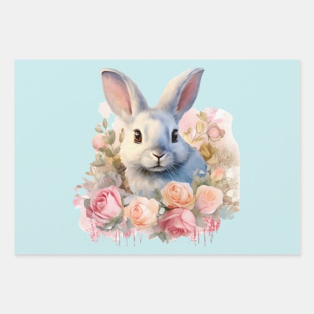 Bunny with a Garland of Roses Cute Wrapping Paper Sheet (Front)