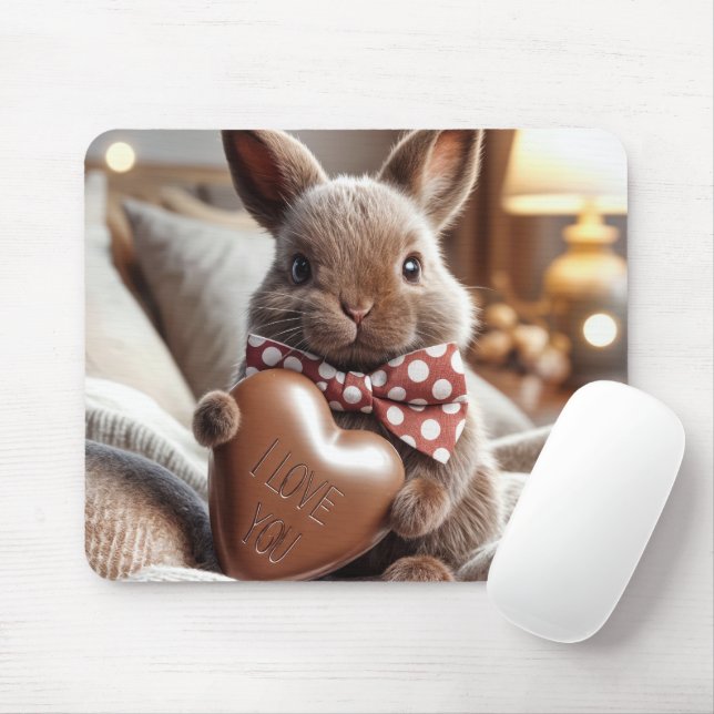 Bunny With an I Love Chocolate Heart Mouse Pad (With Mouse)