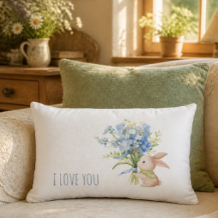 Bunny with Blue Floral Bouquet I Love You Lumbar Cushion