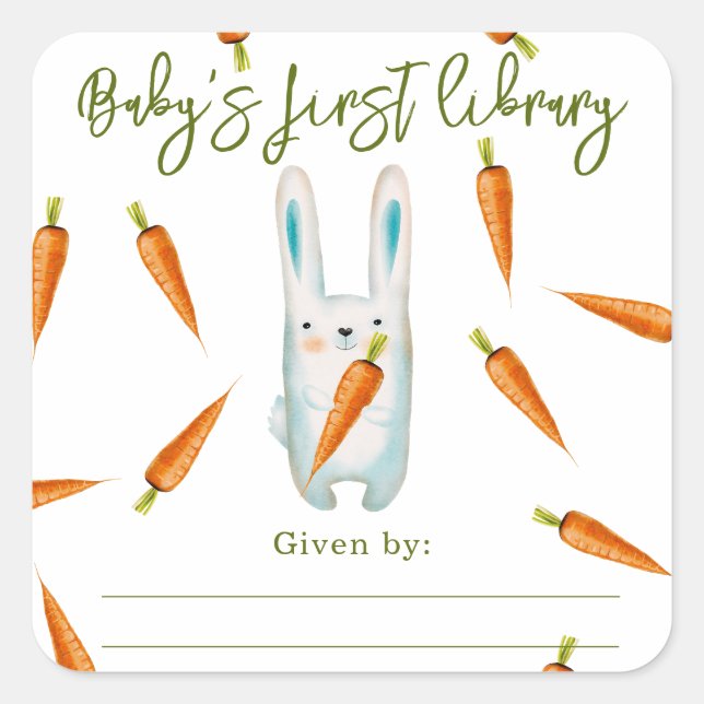 Bunny with carrots - baby's first library square sticker (Front)