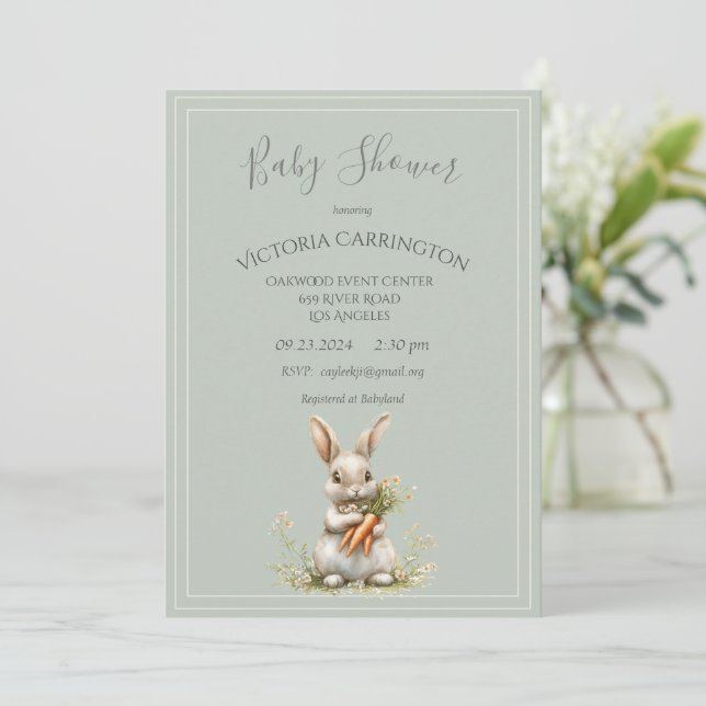 Bunny with Carrots & Flowers Baby Shower  Invitation (Standing Front)